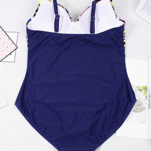 Sexy Print One Piece Swimsuit Closed Push Up Women Floral Blue Vintage Style NEW - Picture 3 of 5